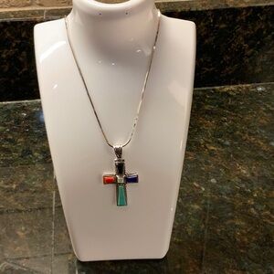 Multicolor Cross Pendant Necklace EUC 925 silver.  Polished up nice!